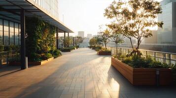 Urban Oasis of Rooftop Gardens Bathed in Warm Sunlight photo