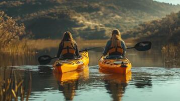 Women Kayaking on Calm Lake Under Bright Spring Daylight photo