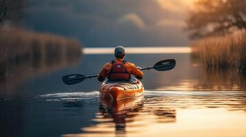 Serene Spring Evening with Kayaker and Water Reflection photo