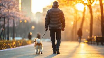 Dog Walker Embracing Nature Amidst Cherry Blossoms photo