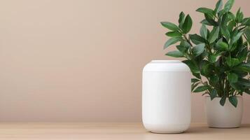 smart factory utilizes AI to enhance workflow efficiency with innovative designs like this sleek white device beside vibrant green plant photo