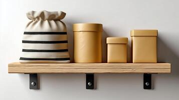 Stylish storage options on wooden shelf include striped bag and golden containers perfect for retail and wholesale exchange photo