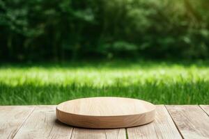 wooden platform rests on rustic table surrounded by lush greenery, creating serene atmosphere perfect for showcasing products or food photo