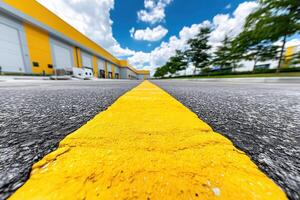 vibrant yellow line guides viewer eye along smooth asphalt surface in logistics area, showcasing importance of supply chain and import operations photo