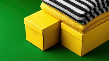 Bright yellow boxes stacked with cozy striped and solid blankets create vibrant retail display perfect for wholesale exchange photo