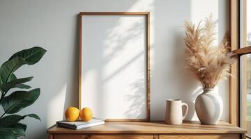 blank canvas in light wood frame with oranges and pampas grass photo