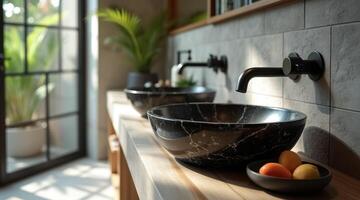 two black marble sinks in a modern bathroom setting photo