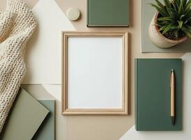 blank wooden frame mockup with a soft palette and cozy elements photo
