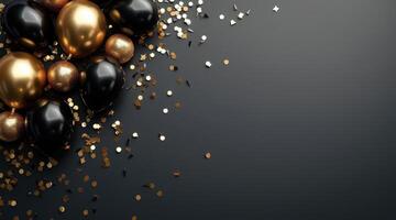 group of black and gold balloons with confetti on dark background photo