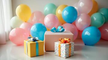 three wrapped gifts with pastel-colored balloons in a festive setting photo