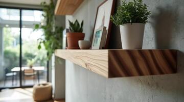 rustic wooden shelf with potted plants and frames photo