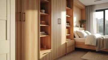 built-in wooden wardrobe and shelving in a serene bedroom photo
