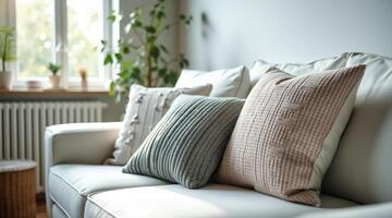 collection of textured throw pillows arranged on a light-colored sofa photo