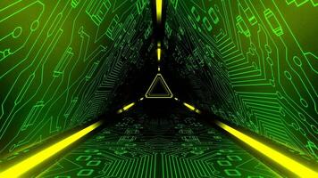 Green and Yellow Energy Flowing Through The Triangular Cyber Tunnel Background VJ Loop in 4K video