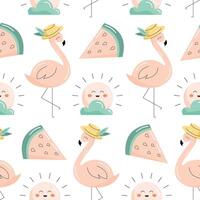 Seamless pattern with summer elements. Flamingo, sun, watermelon. Flat illustration vector