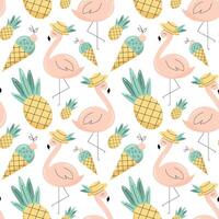 Seamless pattern with summer elements. Flamingo, pineapple, ice cream. Flat illustration vector