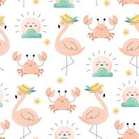 Seamless pattern with summer elements. Flamingo, crab, sun. Flat illustration vector