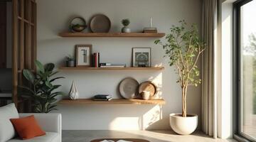 three wooden shelves display an array of decorative objects plants and books in a minimalist interior setting photo
