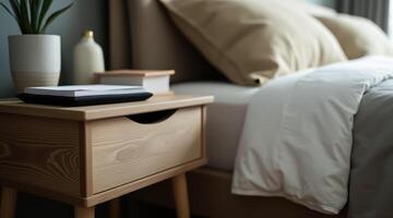 minimalist light-toned wooden bedside table with a notebook plant and decorative bottle photo
