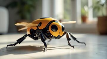 yellow robotic insect model with black legs and wings on a wooden surface photo