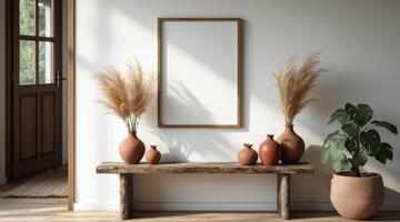 wooden bench with vases pampas grass and a plant creating a minimalist interior scene photo