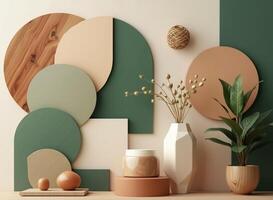 serene still life featuring geometric shapes wooden elements and plants in calming earth tones photo