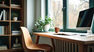 well-lit home workspace featuring a light wood desk computer and notebook near a window photo