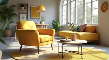 bright yellow armchair and sofa set in a sunlit living room creating a cheerful and relaxing atmosphere photo