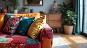 close-up view of a colorful patchwork sofa with patterned pillows in a cozy living room photo
