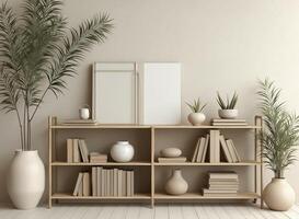 wooden shelf with books plants and vases in a calm and elegant home setting photo