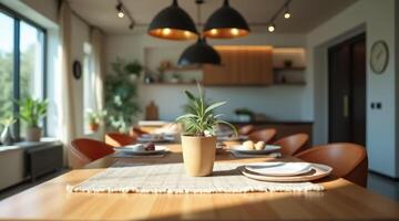 sunlit dining table with place settings and a potted plant photo