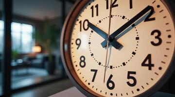 close-up of a minimalist cream-colored analog clock with black hands and numerals photo