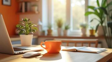 sunlit workspace with laptop mug and open notebook on wooden table photo