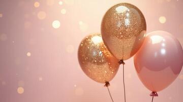 three elegant glitter and pink balloons against a bokeh background photo
