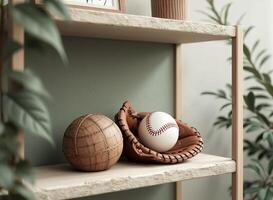 white baseball in a brown leather glove and a textured tan ball rest on a light wooden shelf. photo