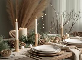 elegant christmas table setting with candles and greenery photo