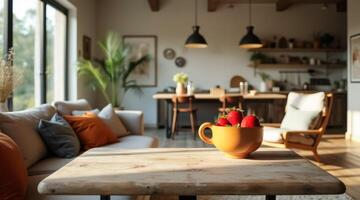 fresh strawberries in a yellow mug on a wooden table in a sunny living room photo
