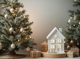 miniature house-shaped light between two decorated evergreen trees photo