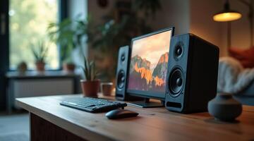 modern computer setup with bookshelf speakers and landscape monitor display photo