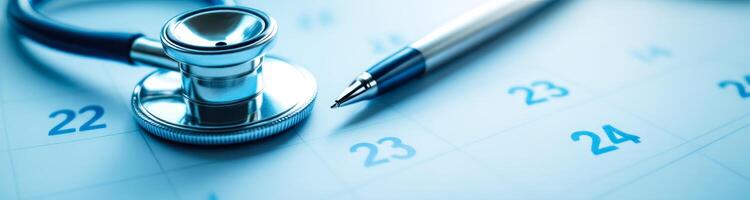 close-up of a stethoscope and pen on a calendar symbolizing medical appointments and healthcare scheduling. photo
