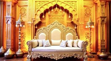 ornate gold couch in an intricately carved setting photo