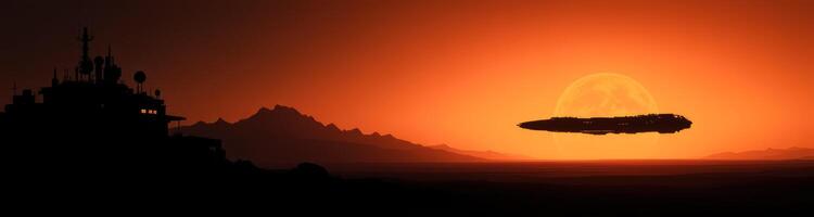 silhouette of a spaceship hovering over a desert landscape during a vibrant sunset photo