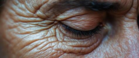 close-up of a weathered eye revealing the intricate details of aging skin and fine lines. photo
