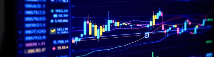 dynamic multicolored graph charting market data on a dark blue background photo