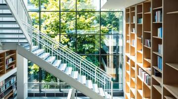 modern white staircase and bookshelves near a window with a view of green trees photo