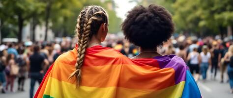 two women stand together during a pride parade wrapped in a vibrant rainbow lgbtq flag. photo