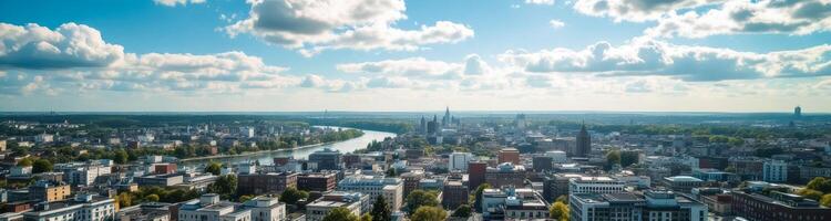 panoramic view of a city with river and partial cloud cover photo