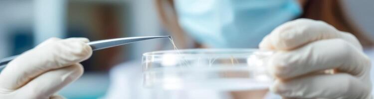 close-up of scientist's hands using tweezers to handle a sample in a lab photo
