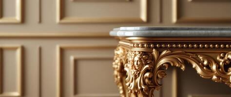close-up view of an ornate gold table with marble top and intricate carvings photo