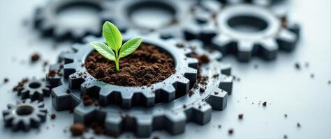 vibrant green sprout emerges from soil within interlocking gears symbolizing growth and progress. photo